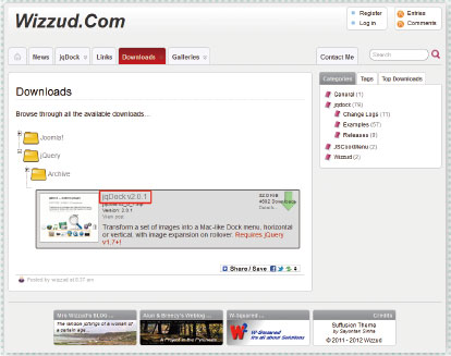 【1-1】jqDockのWebページ。赤で囲まれた部分をクリックしてダウンロードする。