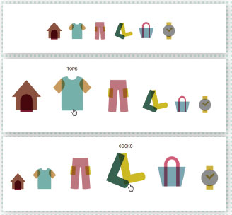 【5-2】上図から下図のように、マウスとの距離に反応してアイコンが伸縮する。