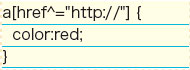 【07】属性セレクタ「Ｅ[foo^＝”bar”]」における記述例。リンク先が「http://」で始まる外部リンクの場合にスタイルが適用される。