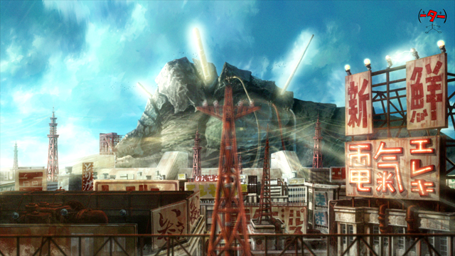 街の奥をゆっくりと歩く電気怪獣。手前には鉄塔やネオンサインが