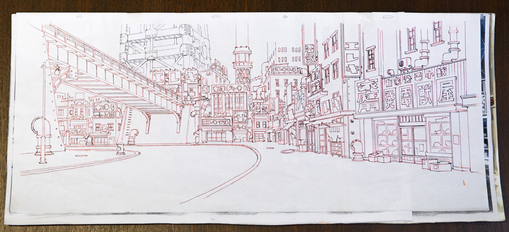 街の線画。いかに細かく描き込んでいるかが見て取れる
