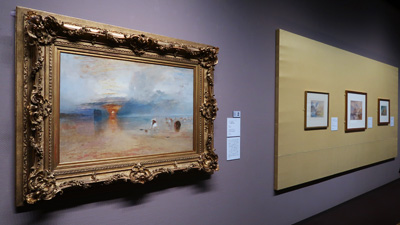 左：ジョゼフ・マラード・ウィリアム・ターナー《カレの砂浜――引き潮時の餌採り》1830年　ベリ美術館所蔵