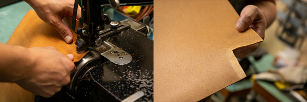 <span style="color: #666699;">革漉きを行っているところ。革漉き機を使って革の裏側を削いで薄くしていく。この作業によって縫い合わせたときに厚みが出すぎず、きれいに立ち上がる</span>