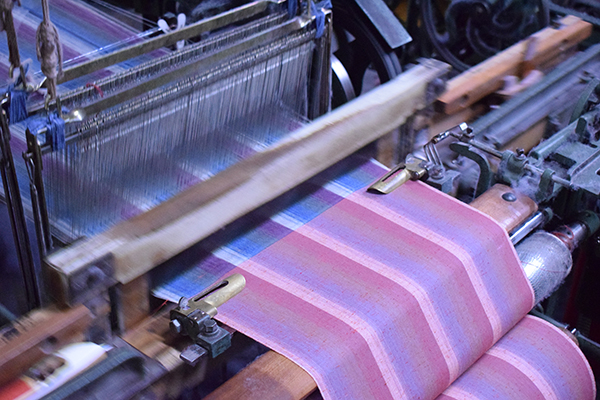 <span style="color: #666699;">機織りの様子。シャトル織機では一日（8時間）に3反ほどの遠州綿紬を織ることができる 1反：約40センチ×13メートル </span>