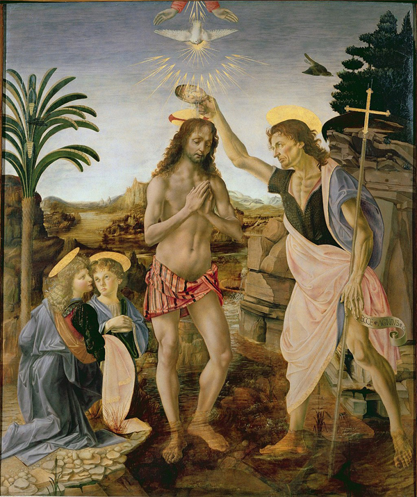 図1◆アンドレア・デル・ヴェロッキオ《キリストの洗礼》 1472～75年頃［ウフィツィ美術館］