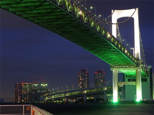 カメラを固定して、4秒の低速シャッターを使用して撮影。橋の細部や遠景のビルなどがシャープに再現されている