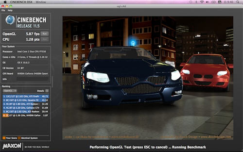 CINEBENCH 11.5のOpenGLスコアは、5.87fps。グラフィックプロセッサは引き続きNVIDIA GeForce 9400Mが採用されており、カジュアルな3Dゲームならば十分楽しめるレベルのパフォーマンスと言える