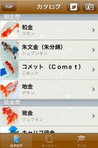 日本の金魚の品種を一覧で確認できる画面