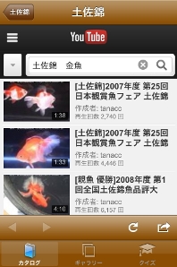 「動画検索」画面。金魚の品種ごとに泳ぎ方が違うので、それぞれの特徴を動画で確認することができる