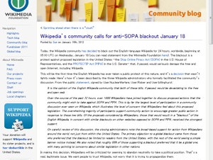 Wikipedia、SOPA法案への抗議により18日にサービスを一時停止