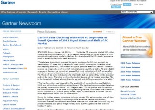 米Gartner、PC出荷台数が減りタブレットへシフトと発表