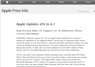 Apple、「iOS 6.1」アップデートをリリース―LTE対応キャリアが追加に