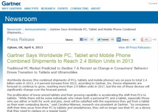 デバイス市場でタブレット躍進。2013年は前年比約1.7倍の出荷台数の見込み～米Gartner発表