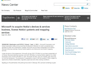 米Microsoft、Nokiaを54.4億€で買収--携帯電話事業と地図サービスを手中に