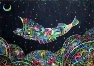 “クレヨンスクラッチ”の技法による松本あゆみ氏の作品展「レインボー ナイト クリスマス」が広島で開催