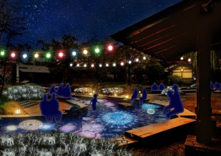 足湯の水面にプロジェクションマッピングで花火を投影する「大江戸温泉 花の宴」