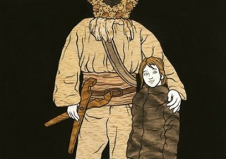 木にアクリル絵具で制作した作品が発表されるmoki氏の個展「暗がりでシェルターを探す」