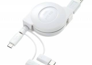 サンワ、Lightningなど複数のコネクタに1台で対応する巻き取りケーブル「KB-IPLTM12W」を発売