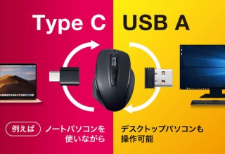 サンワサプライ、USB AとType-Cの2つのレシーバーが付属する無線マウス「MA-WBLC169BK」
