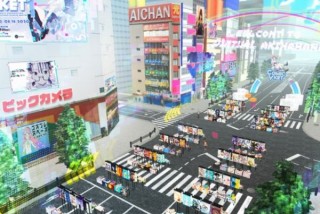 秋葉原の街を再現した「バーチャル秋葉原」の交差点で「バーチャル同人誌即売会」