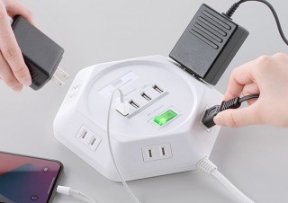 会議中の充電難民を救う、多方向六角形タップ「700-TAP043」。サンワサプライより