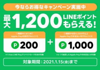 LINE Pay、Apple Pay対応記念に最大1200ポイントプレゼントのキャンペーン