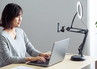 サンワサプライ、10段階で調光できるリングライト付きスマホスタンドを発売