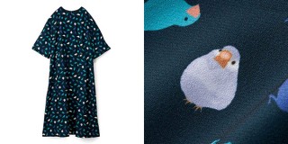 フェリシモ、リアルな文鳥とシルエットをちりばめてプリントしたデザインのワンピースを発売