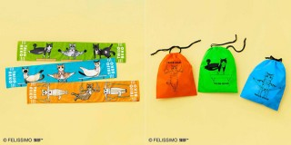フェリシモ、からだやわらか体操猫デザインのマフラータオルとスポーツ巾着を発売