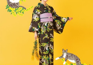 フェリシモ、全方向に猫をちりばめたデザインの「キジ白猫とミモザの浴衣」を発売