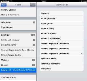 iCab mobileの設定画面。Webブラウザのユーザーエージェントを変更できる
