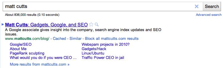 検索結果の画面に「Block all mattcutts.com results.」という表記が見られる。下はブロック結果（同社ブログより）