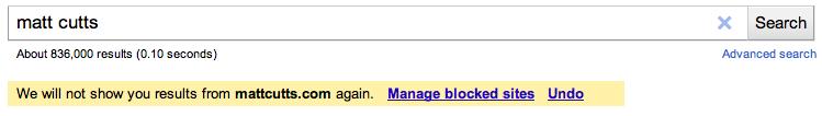 検索結果の画面に「Block all mattcutts.com results.」という表記が見られる。下はブロック結果（同社ブログより）