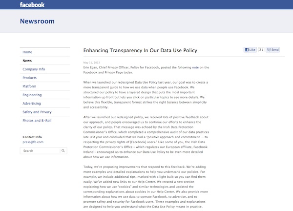 Facebook Newsroomページ