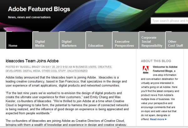 アドビ クリエイター向けクラウドサービス Creative Cloud 強化のため デザイン会社のideacodesを買収 デザインってオモシロイ Mdn Design Interactive