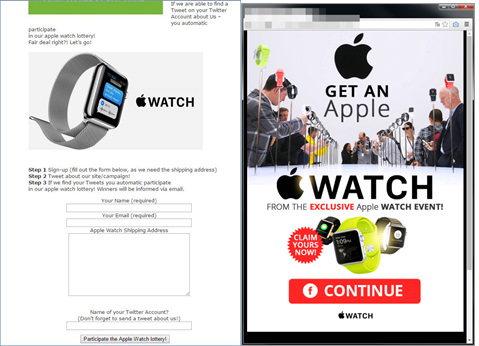 Apple Watchの無料プレゼントをうたう不審サイトの例