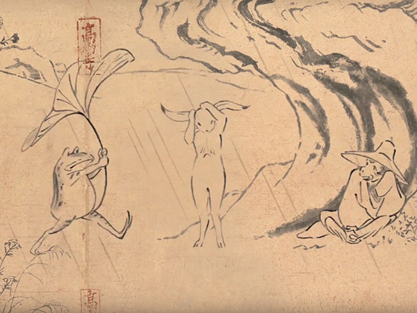 カエルがウサギに傘を渡すシーン 『丸紅新電力　鳥獣戯画「出会い」篇』より （C）2016 Studio Ghibli