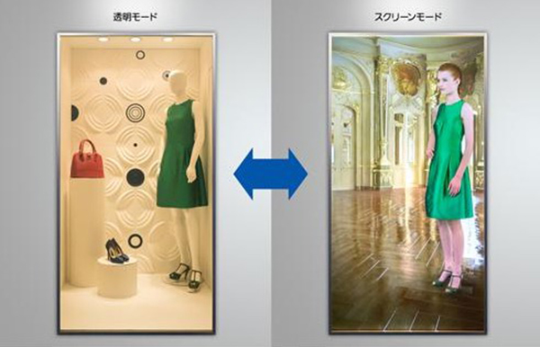 右が映像投影時、左が透明でショーウィンドーが見えている状態