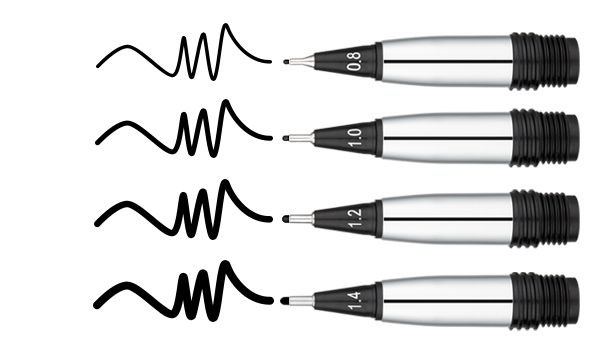 極細（0.8）、細字（1.0）、中字（1.2）、太字（1.4）の4種のペン先チップ
