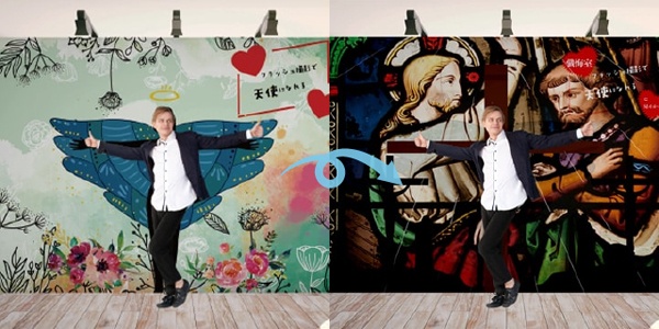 天使の羽根がつくようなフォトブースなのに、フラッシュ撮影すると「磔されているような」フォトブースに