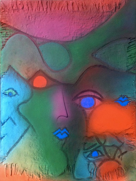 「Sister Midnight」12×16 in.、plaster, jute, gouache and ink on panel、2019年