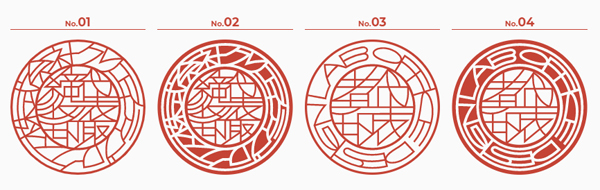 ＜制作例＞ No.1 / 外文字：クリエイティブワークス株式会社（朱文字）・内文字：代表取締役印（朱文字） No.2 / 外文字：クリエイティブワークス株式会社（白文字）・内文字：代表取締役印（朱文字） No.3 / 外文字：OFFICE DESIGN LAB（朱文字）・内文字：代表者印（朱文字） No.4 / 外文字：OFFICE DESIGN LAB（白文字）・内文字：代表者印（朱文字）