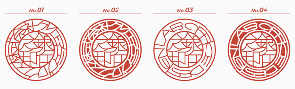 ＜制作例＞ No.1 / 外文字：クリエイティブワークス株式会社（朱文字）・内文字：銀行之印（朱文字） No.2 / 外文字：クリエイティブワークス株式会社（白文字）・内文字：銀行之印（朱文字） No.3 / 外文字：OFFICE DESIGN LAB（朱文字）・内文字：銀行之印（朱文字） No.4 / 外文字：OFFICE DESIGN LAB（白文字）・内文字：銀行之印（朱文字）