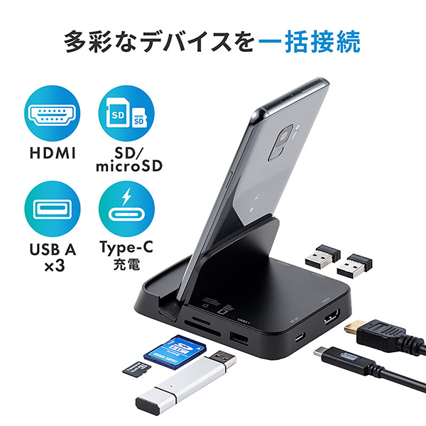 Dexモード・PCモード・Galaxy・Huawei・USB Aポート・HDMI出力・SDカード・microSDカード