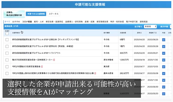 「いますぐ使える支援情報」では支援情報をAIがマッチング。カテゴリー別での閲覧や絞り込み検索、支援情報詳細の閲覧、申請書類のダウンロードなども可能となっている。使い方動画（ https://youtu.be/uPhyAO1pDPM ）も公開中