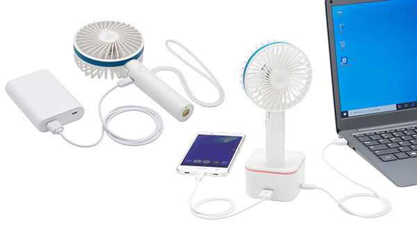「野電 ハンディ扇風機（USB蓄電）」 蓄電スタンドでは、 同時にスマートフォンへの充電も可能