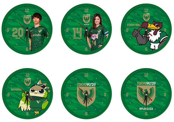 選手やキャラクターがデザインされた掛け時計。ヴェルディ全30選手、ベレーザ21選手（岩清水選手を除く）、ヴェルディエンブレム、ベレーザエンブレム、ヴェルディ君、リヴェルンからデザイン選択可能。直径約350mm ※商品の発送は9月上旬予定 ※画像はイメージ