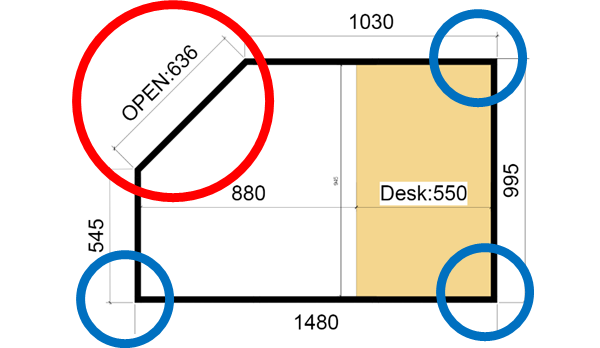 入り口の位置は、部屋の間取りやインテリアに合わせて、青枠の位置に変更することも