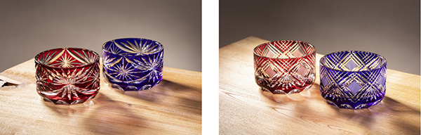 左：江戸切子レンズグラス笹星（ささほし）右：江戸切子レンズグラス魚子（ななこ） 