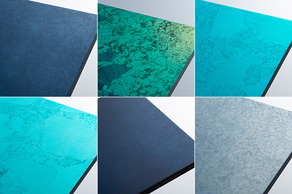 左上から時計回りに、「カプリ島 青の洞窟（ネイビーブルー）」「ハワイ（ペールグリーンブルー）」「ニューカレドニア（アクアブルー）」「北極海（アイスブルー）」「未だ見ぬ深海（ディープブルー）」「モルディブ（ターコイズブルー）」